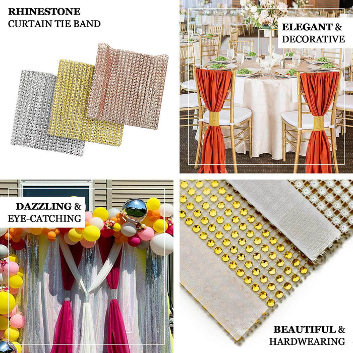 4 Pack | Gold Large Rhinestone Mesh Velcro Chair Sash Clips, Backdrop Curtain Bands - 5"X10"