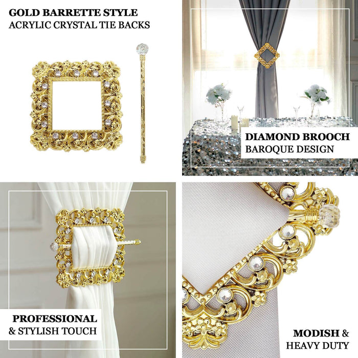 Set of 2 | 7" Gold Barrette Style Diamond Backdrop Drapery Holdbacks, Square Acrylic Crystal Curtain Brooch Tie Backs