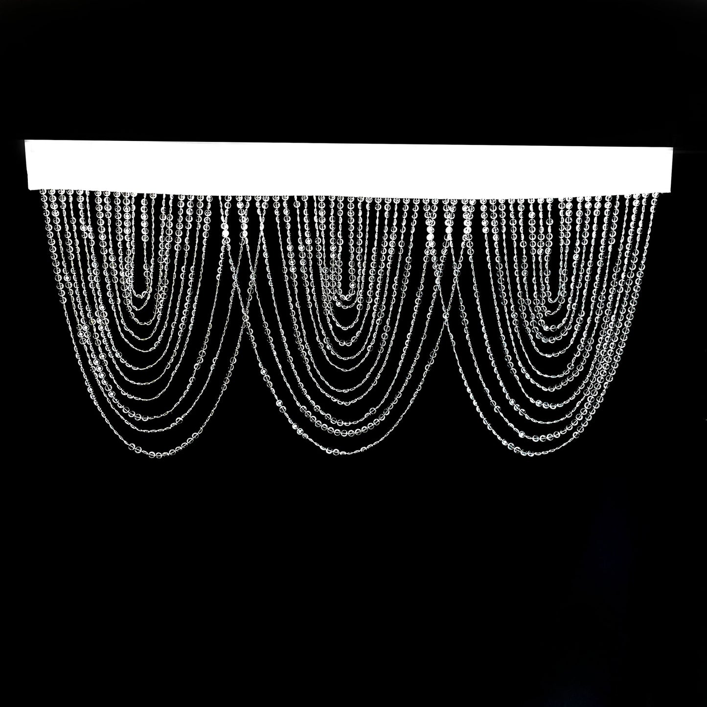 Acrylic crystal beaded curtain valance in clear with polyester rod pocket.
