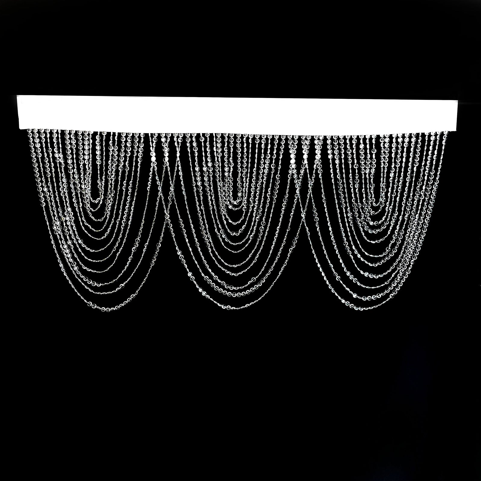 Acrylic crystal beaded curtain valance in clear with polyester rod pocket.