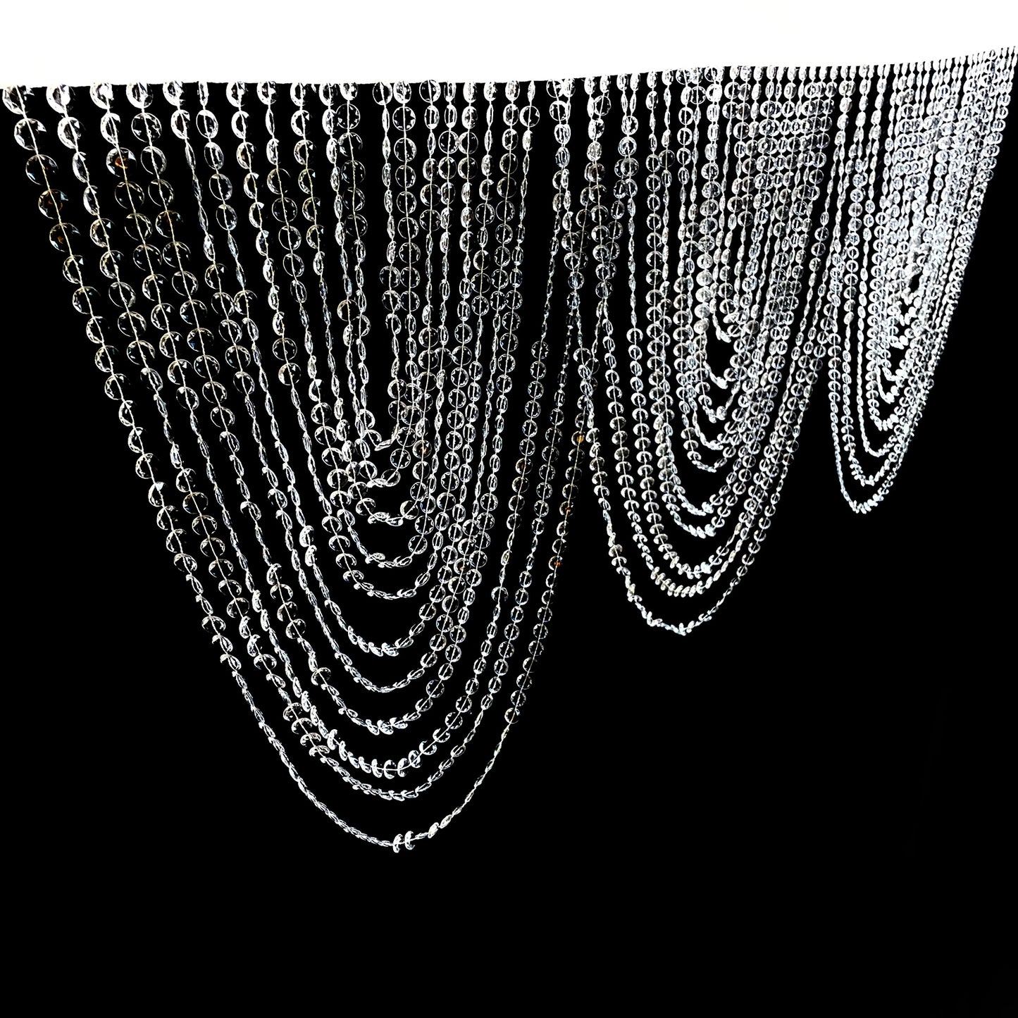Crystal beaded curtain valance in clear acrylic, 23"x42", triple swag design.