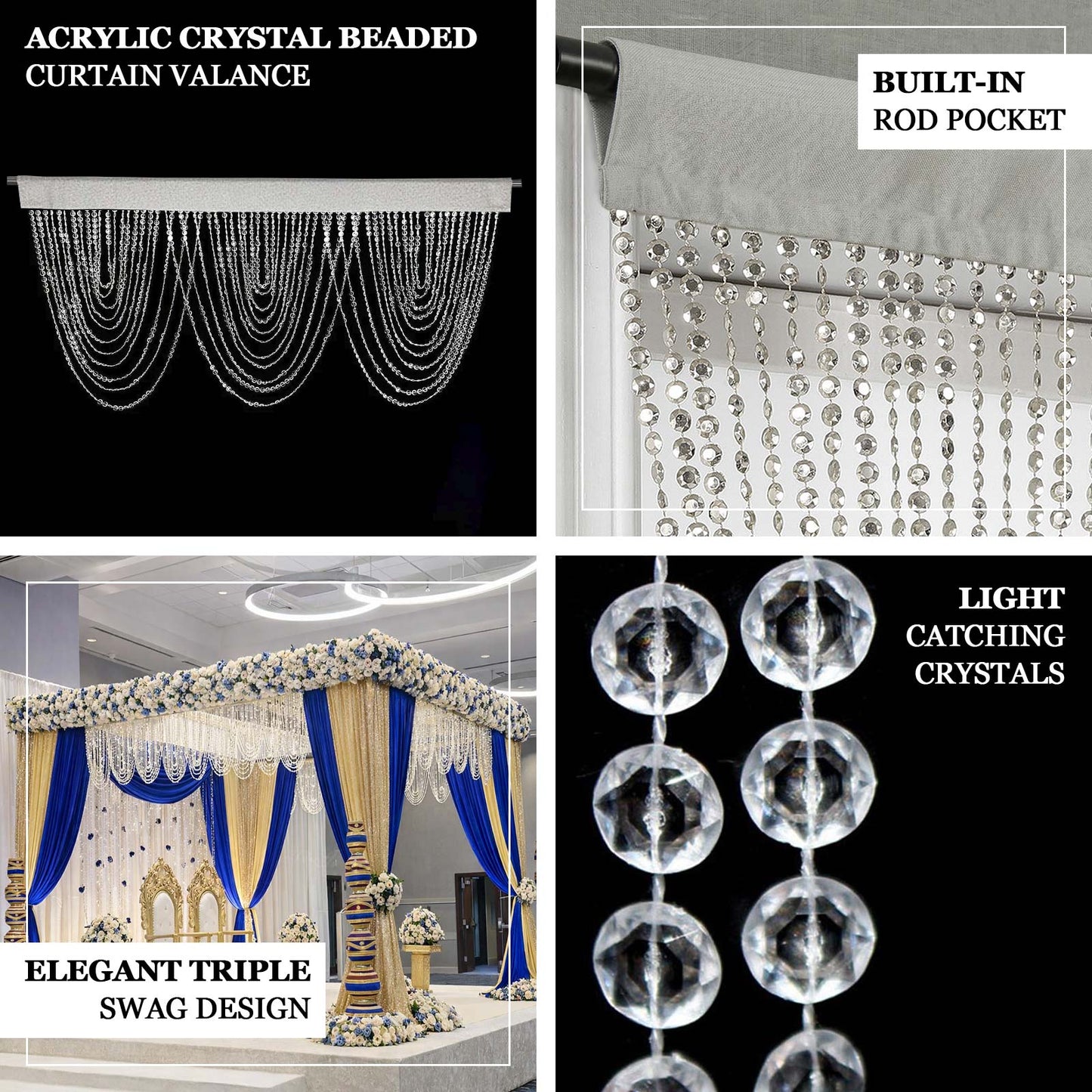 Acrylic crystal beaded valance with light-catching crystals, 23"x42", triple swag design.