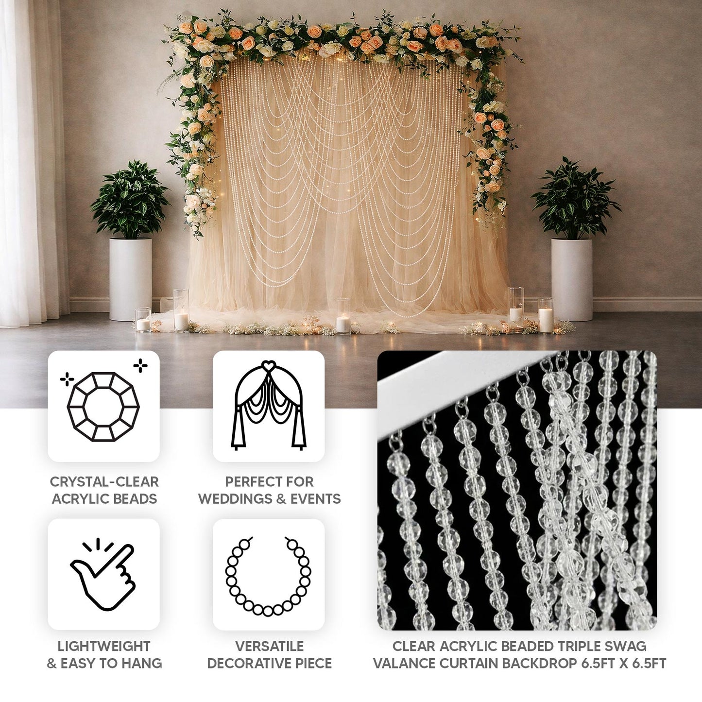 Clear acrylic beaded curtain backdrop for doorway and wall décor, 6.5ft x 6.5ft.
