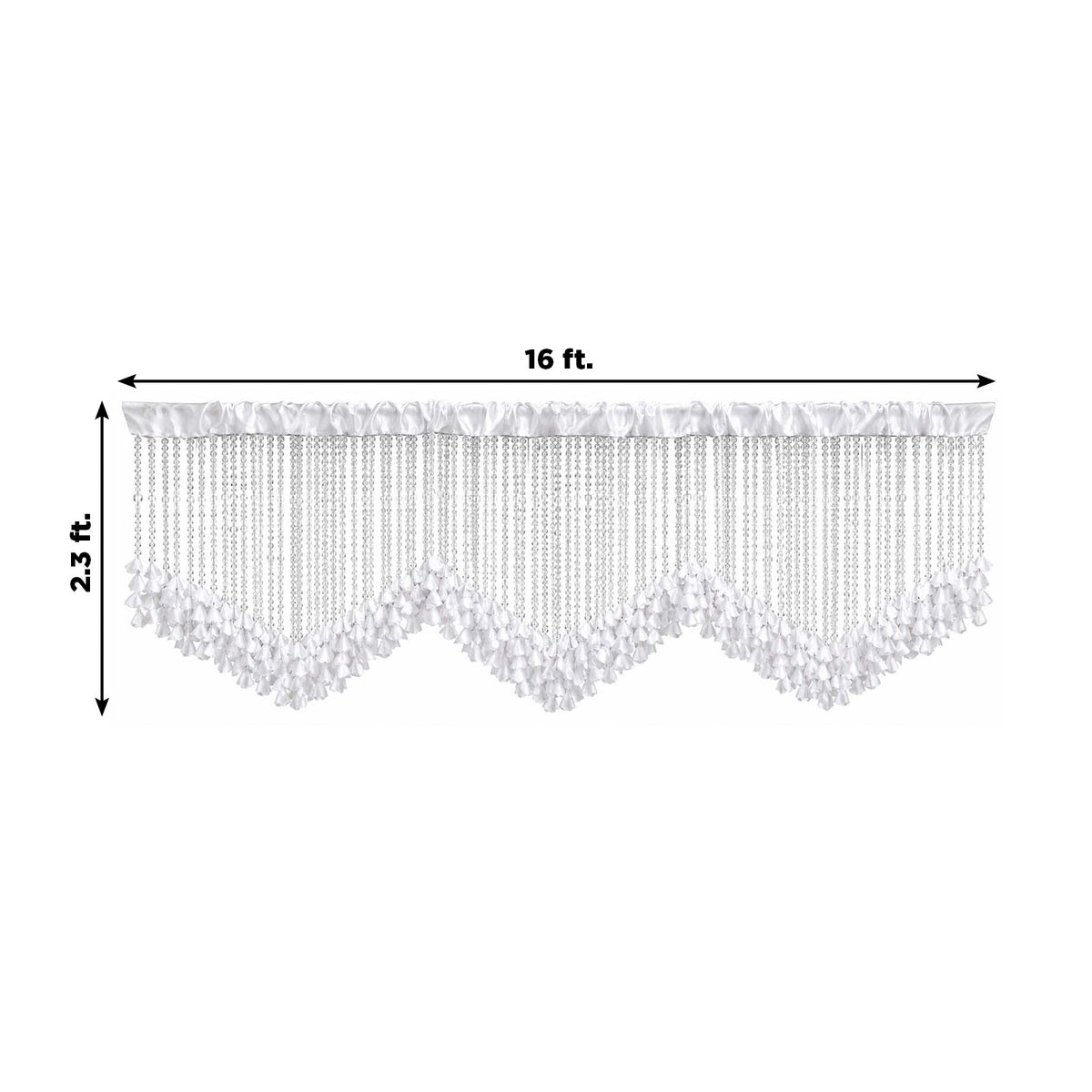 Clear Acrylic Beaded Curtain Valance with White Flower Petals – Backdrop Topper for Stage, Arch & Ev