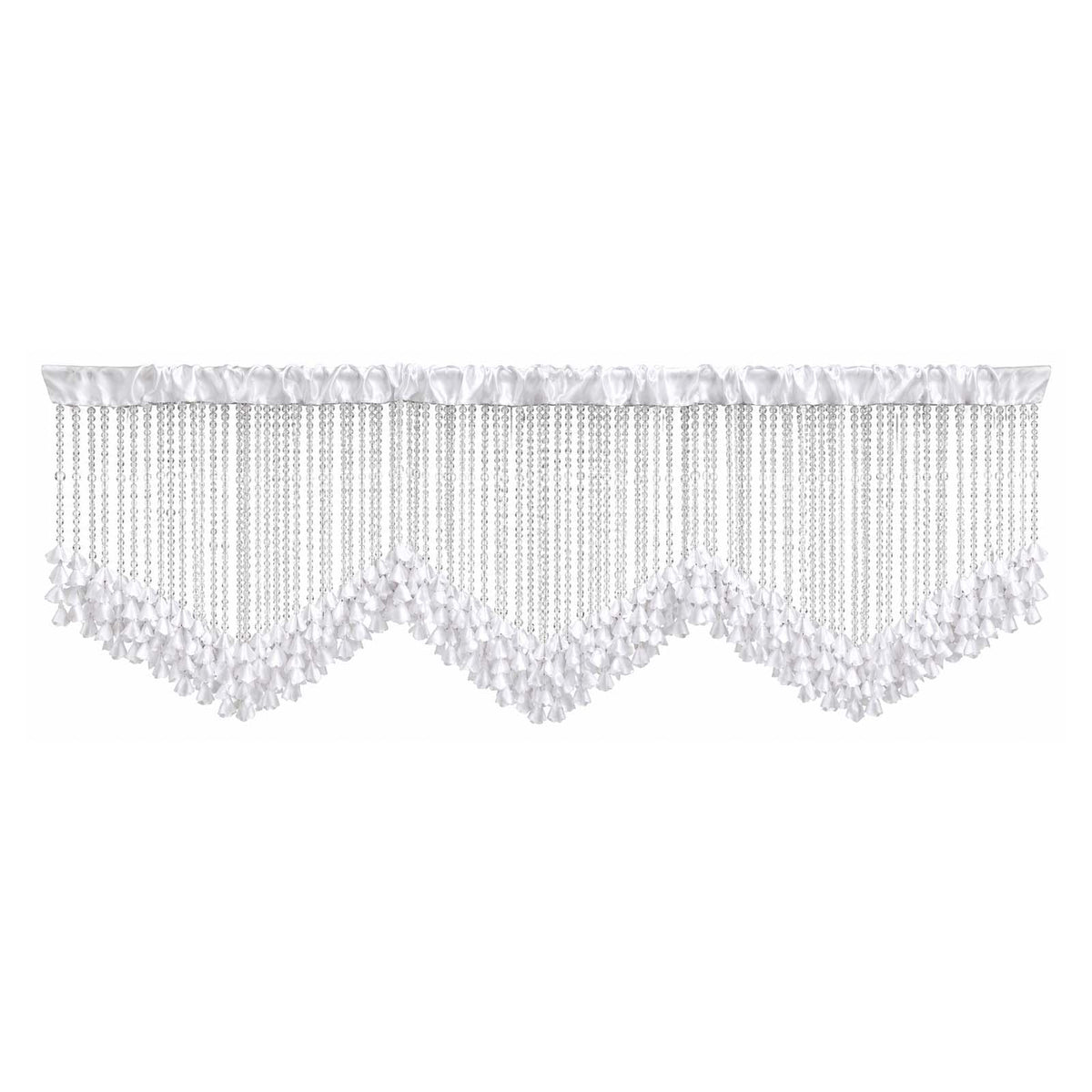 Clear Acrylic Beaded Curtain Valance with White Flower Petals – Backdrop Topper for Stage, Arch & Ev
