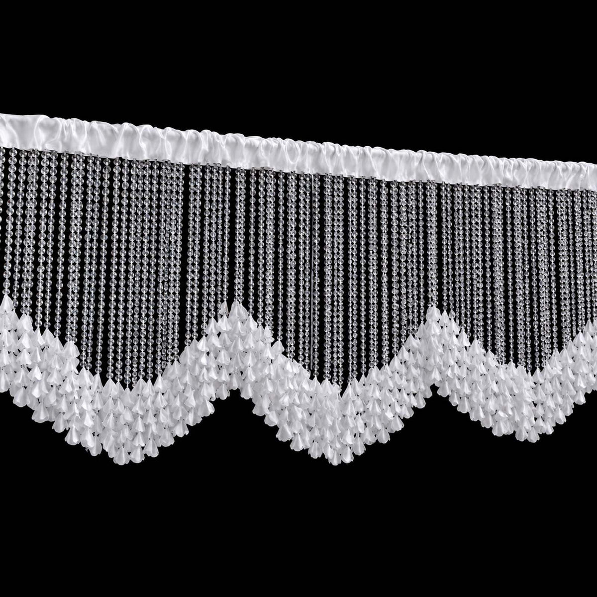 Clear Acrylic Beaded Curtain Valance with White Flower Petals – Backdrop Topper for Stage, Arch & Ev