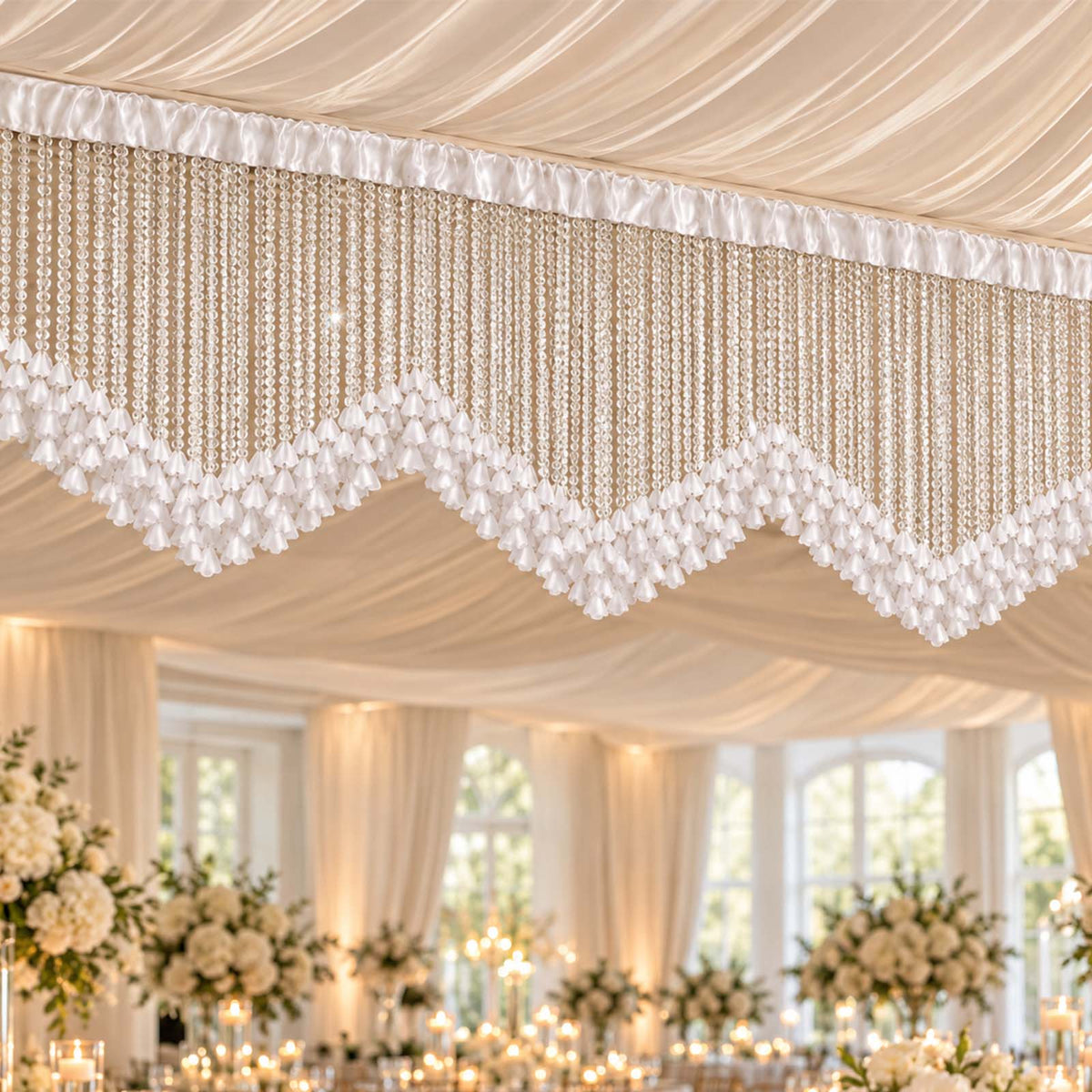 Clear Acrylic Beaded Curtain Valance with White Flower Petals – Backdrop Topper for Stage, Arch & Ev