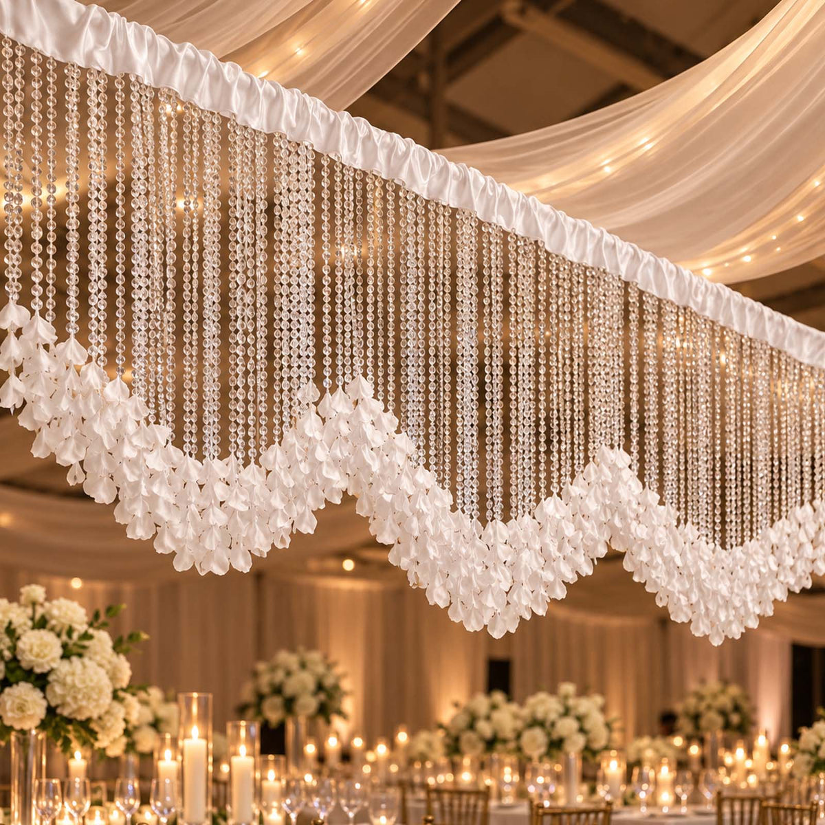 Clear Acrylic Beaded Curtain Valance with White Flower Petals – Backdrop Topper for Stage, Arch & Ev