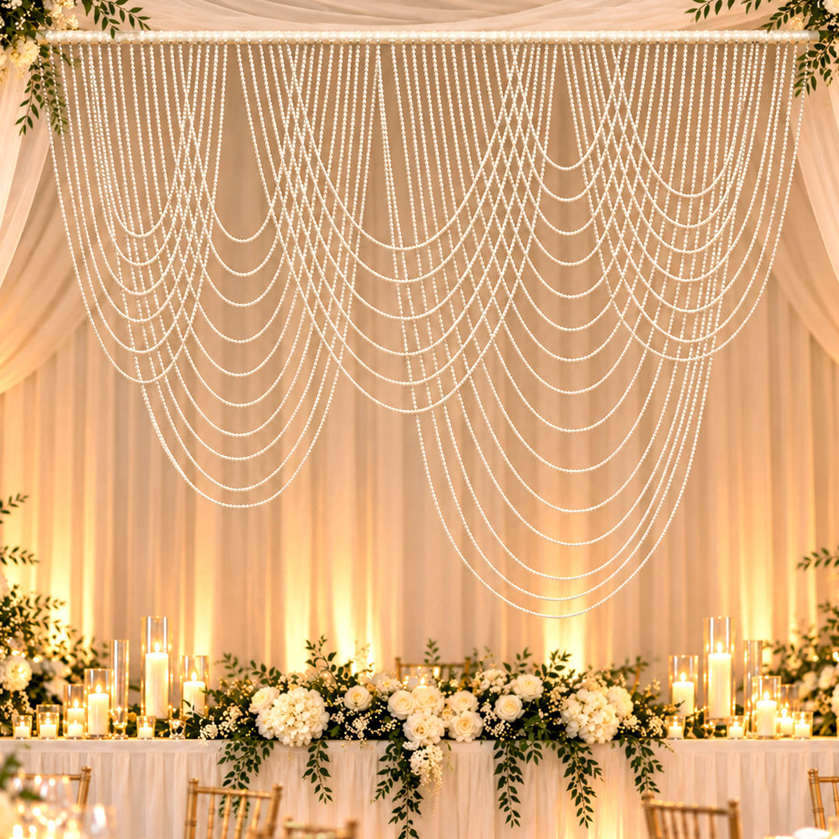 White Faux Pearl Beaded Curtain Backdrop, Multi Swag Drape Valance for Wedding Arch, Doorway & Event