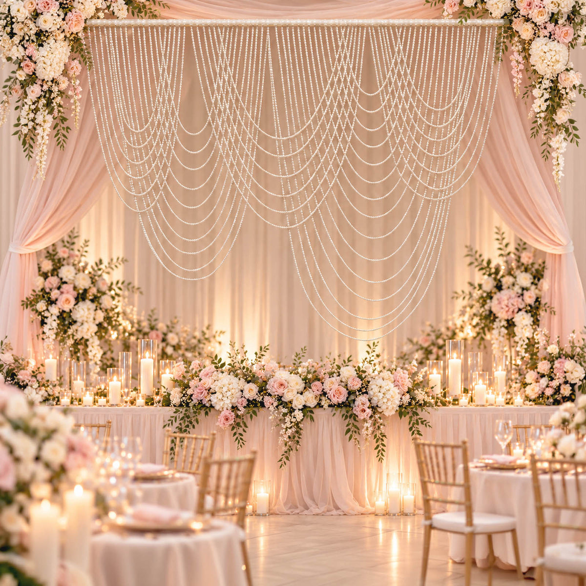White Faux Pearl Beaded Curtain Backdrop, Multi Swag Drape Valance for Wedding Arch, Doorway & Event