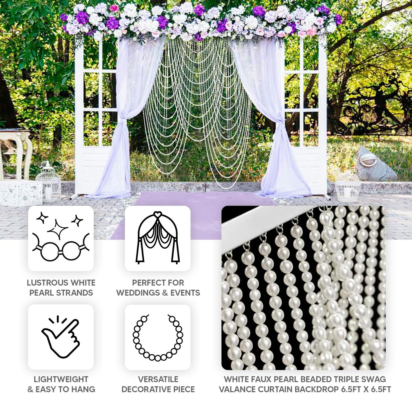 White faux pearl beaded curtain backdrop for doorway or wall décor.