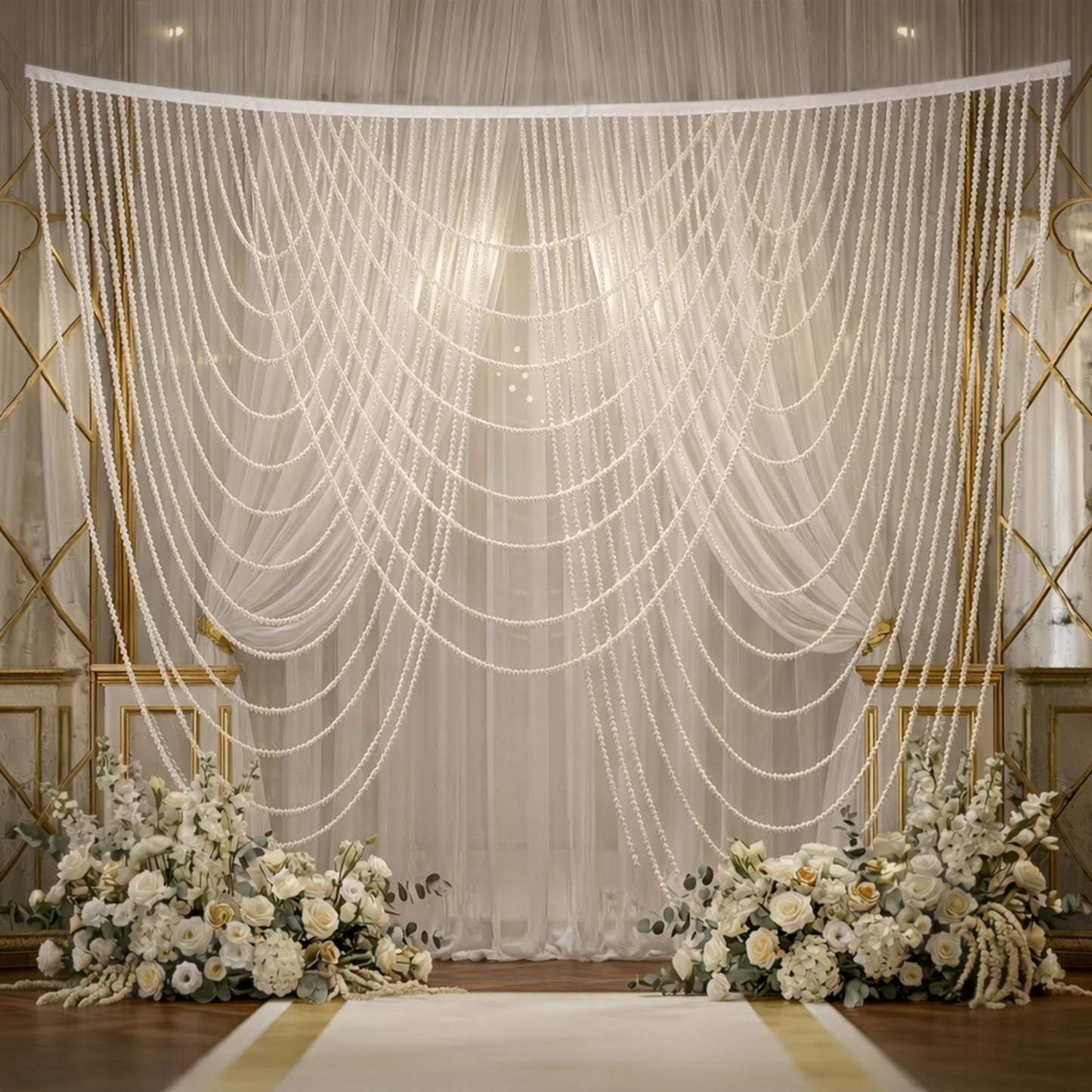 White faux pearl beaded curtain backdrop for doorway or wall décor.