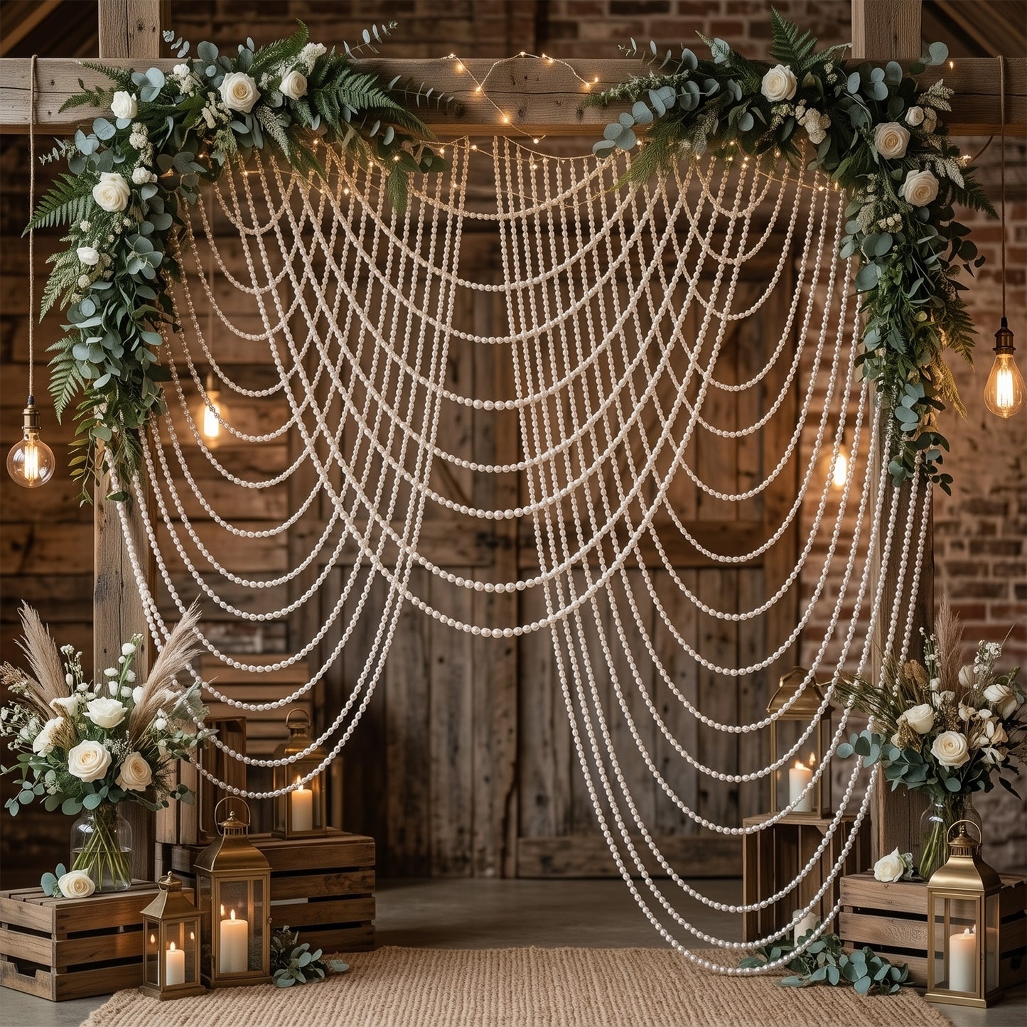 White faux pearl beaded curtain backdrop for doorway or wall décor.