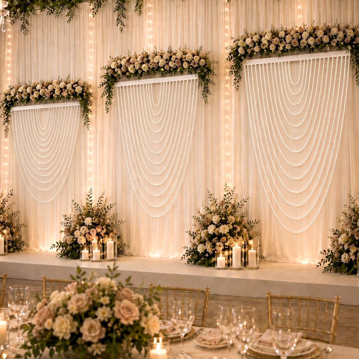 Faux Pearl Beaded Curtain – White Single Swag Valance Backdrop for Doorway, Arch or Wall Décor, 4ft 