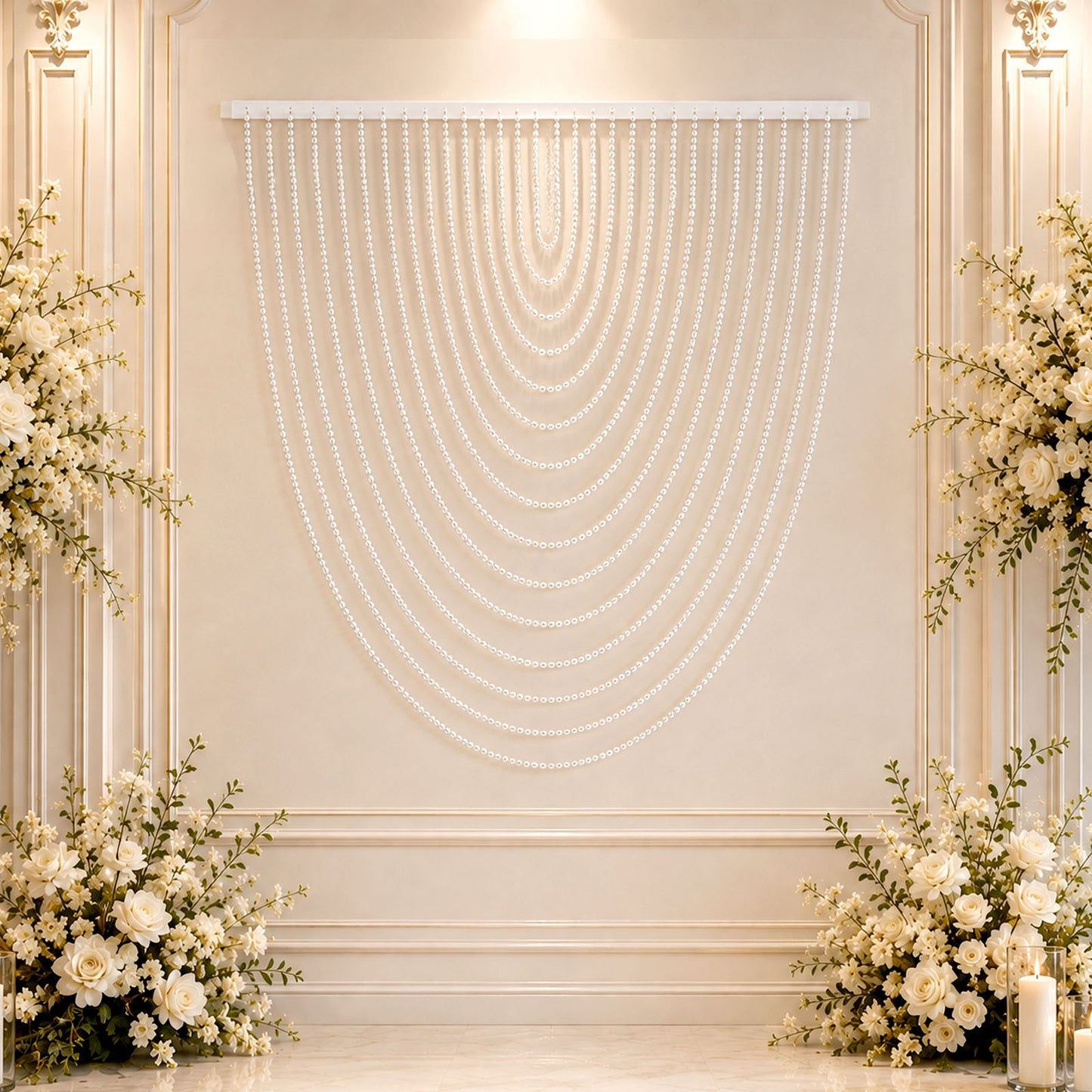 Faux Pearl Beaded Curtain – White Single Swag Valance Backdrop for Doorway, Arch or Wall Décor, 4ft 