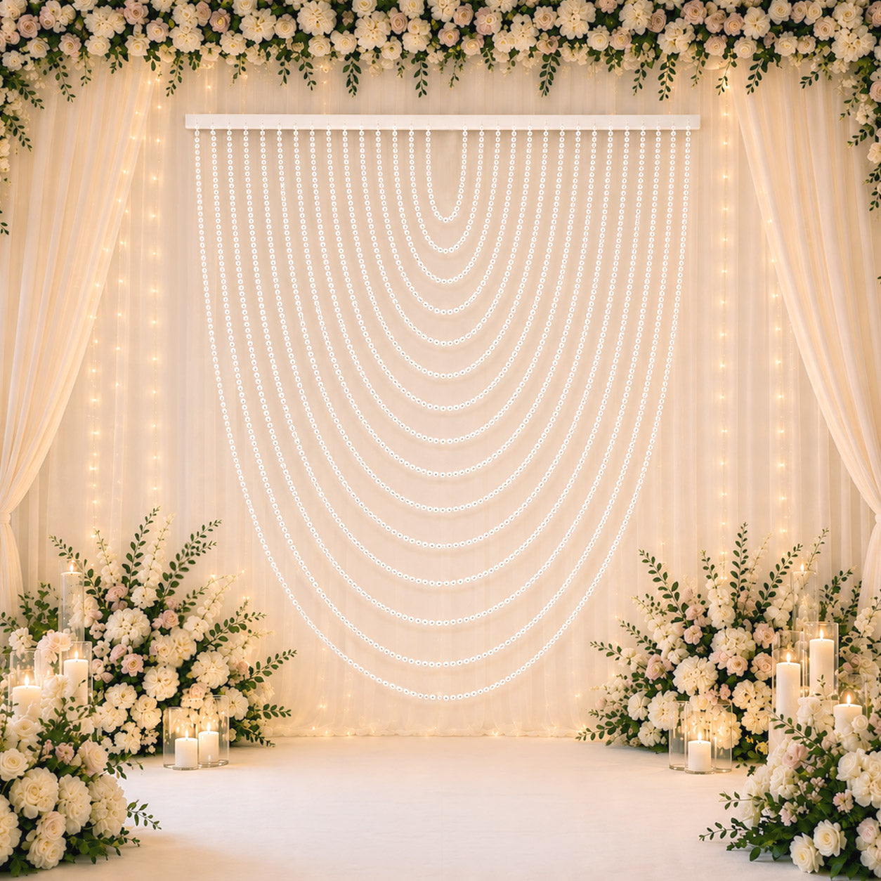 Faux Pearl Beaded Curtain – White Single Swag Valance Backdrop for Doorway, Arch or Wall Décor, 4ft 