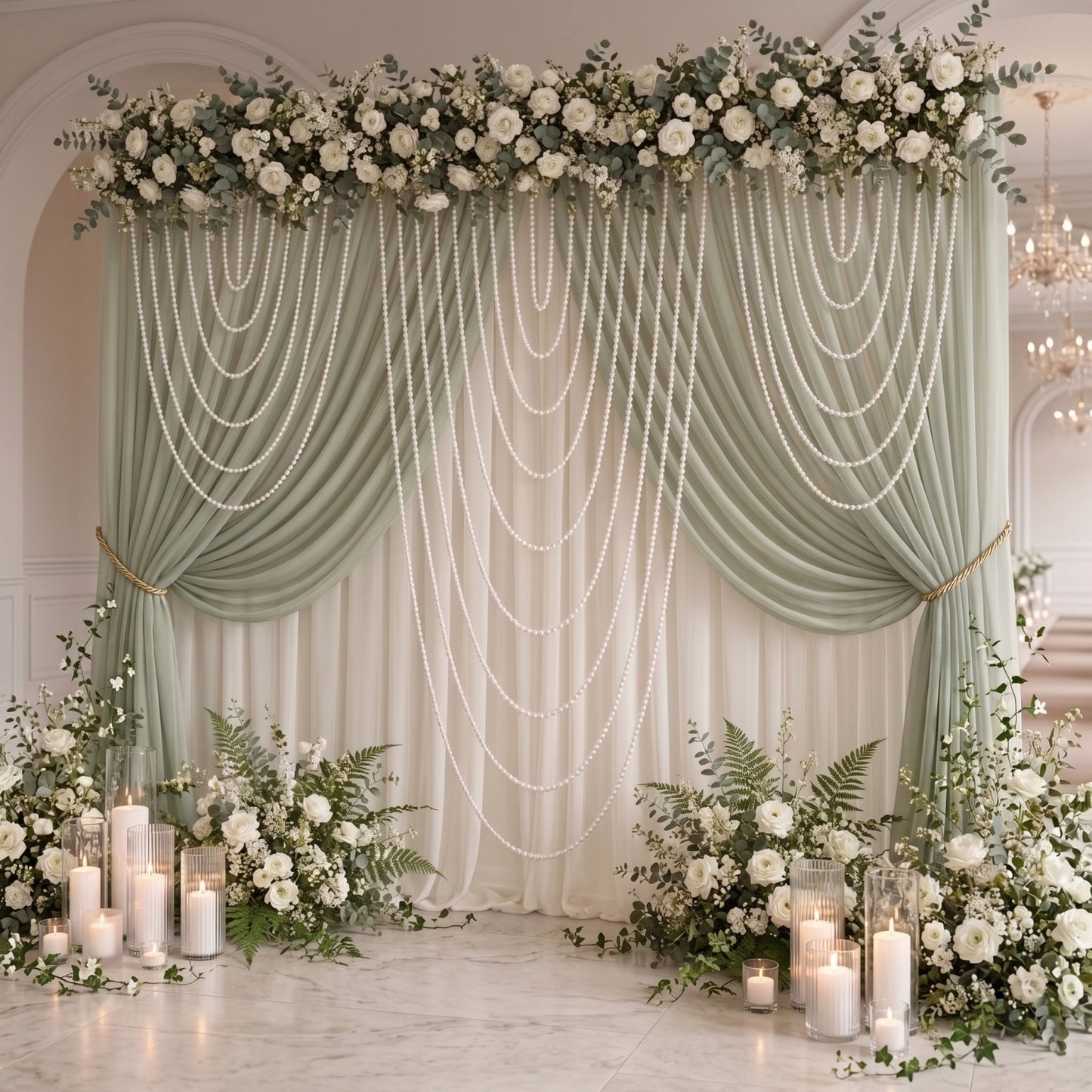 Faux Pearl Beaded Curtain – White Single Swag Valance Backdrop for Doorway, Arch or Wall Décor, 4ft 