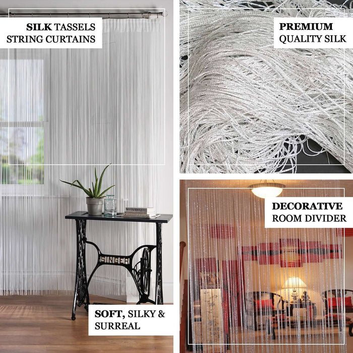 White and silver silk tassel string curtains for decorative room dividers.
