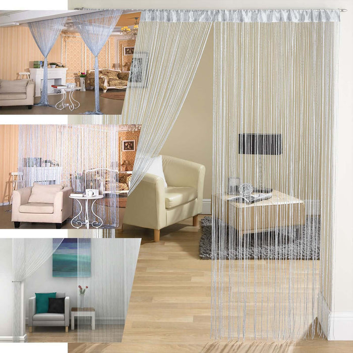 White and silver silk tassel string curtains as decorative room dividers.