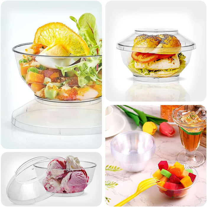 24 Pack | 3.5oz Clear Plastic Mini Party Bowl, Lid and Spoon Set, Disposable Dessert or Breakfast Cups
