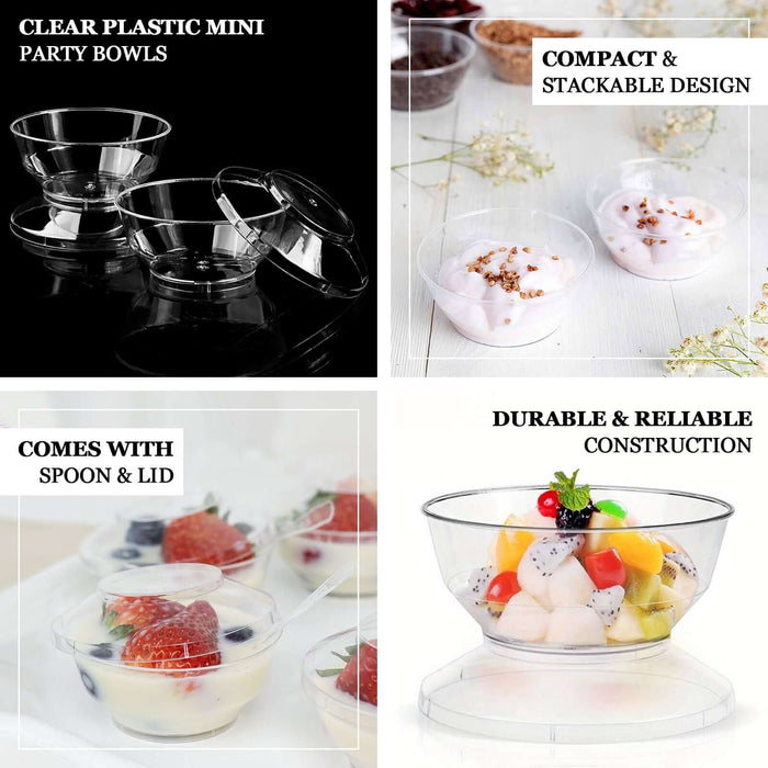24 Pack | 3.5oz Clear Plastic Mini Party Bowl, Lid and Spoon Set, Disposable Dessert or Breakfast Cups