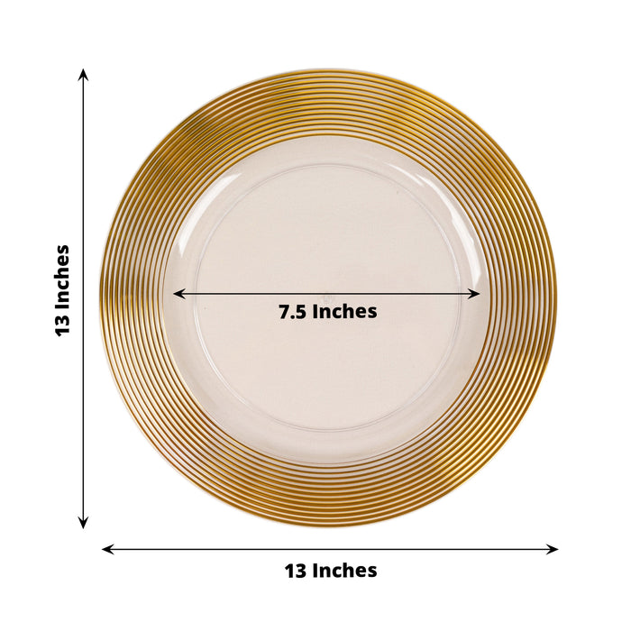 Clear and gold lined rim disposable wedding charger plate, round plastic serving plate.