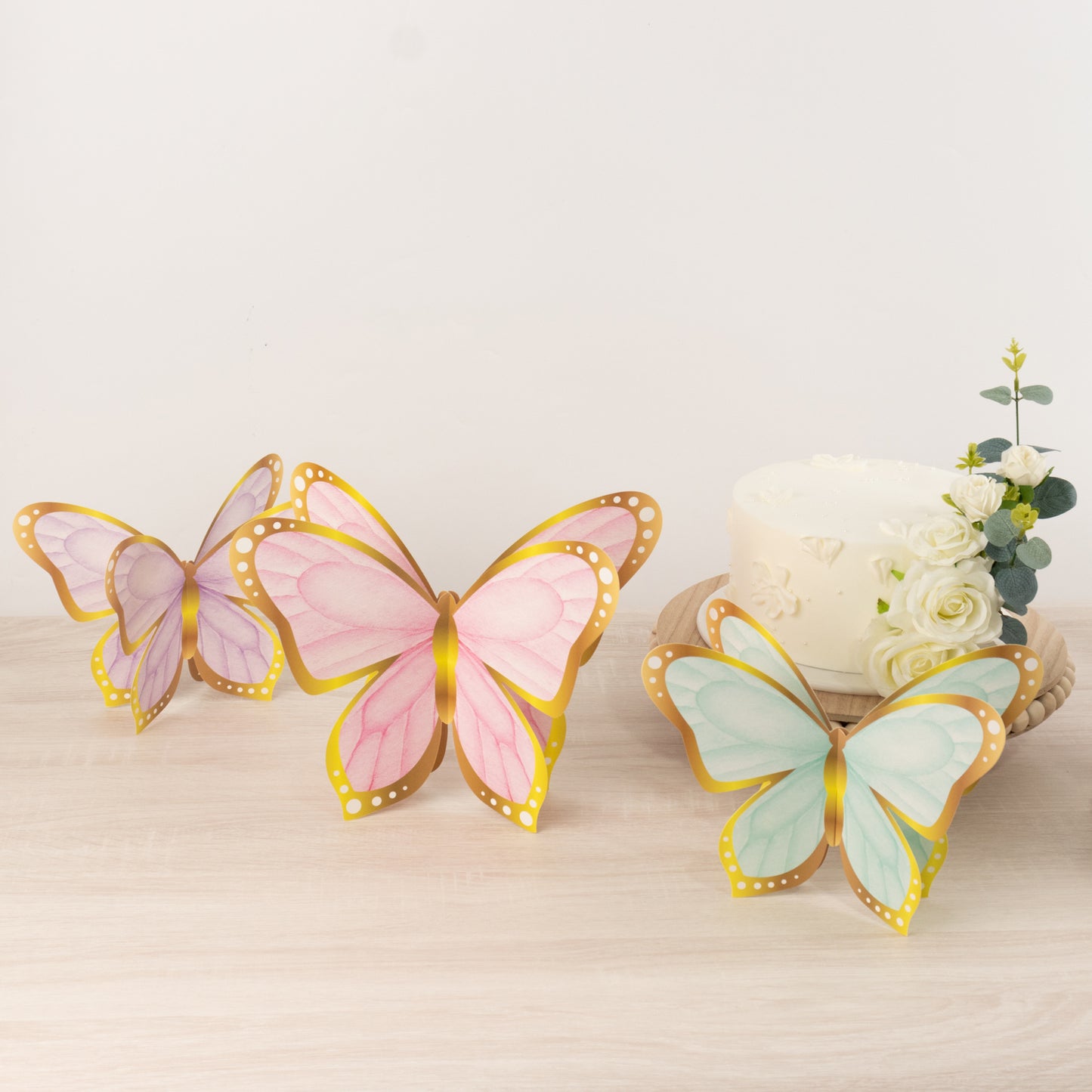 12 Pcs Pastel Color 3D Butterfly Party Decorations with Metallic Gold Foil Accents, Cardstock Paper Butterfly Table Centerpieces - 10",12"