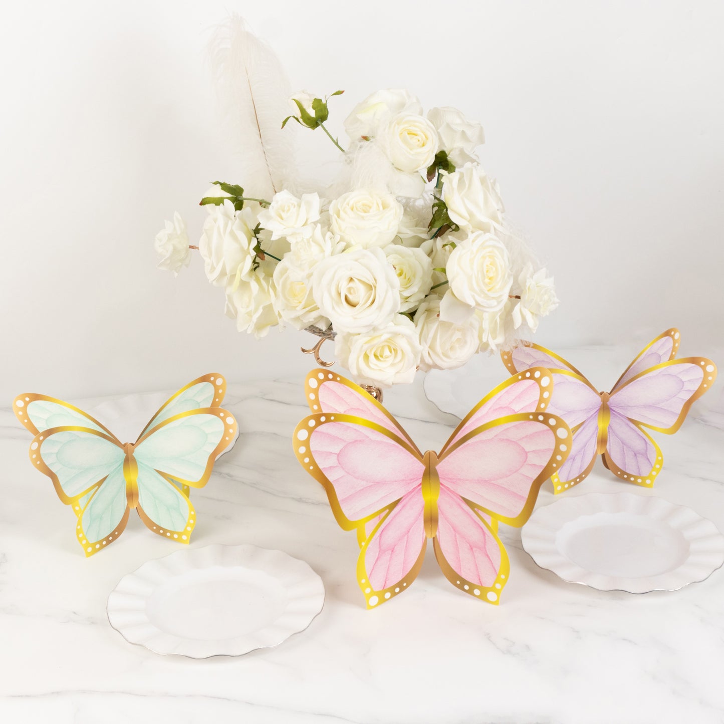 12 Pcs Pastel Color 3D Butterfly Party Decorations with Metallic Gold Foil Accents, Cardstock Paper Butterfly Table Centerpieces - 10",12"