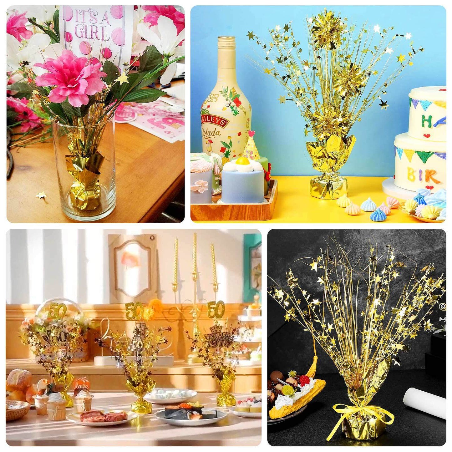 6 Pack Metallic Gold Star Foil Spray Centerpiece Table Decoration, 13" Free Standing Gleam 'N Burst Party Accessories