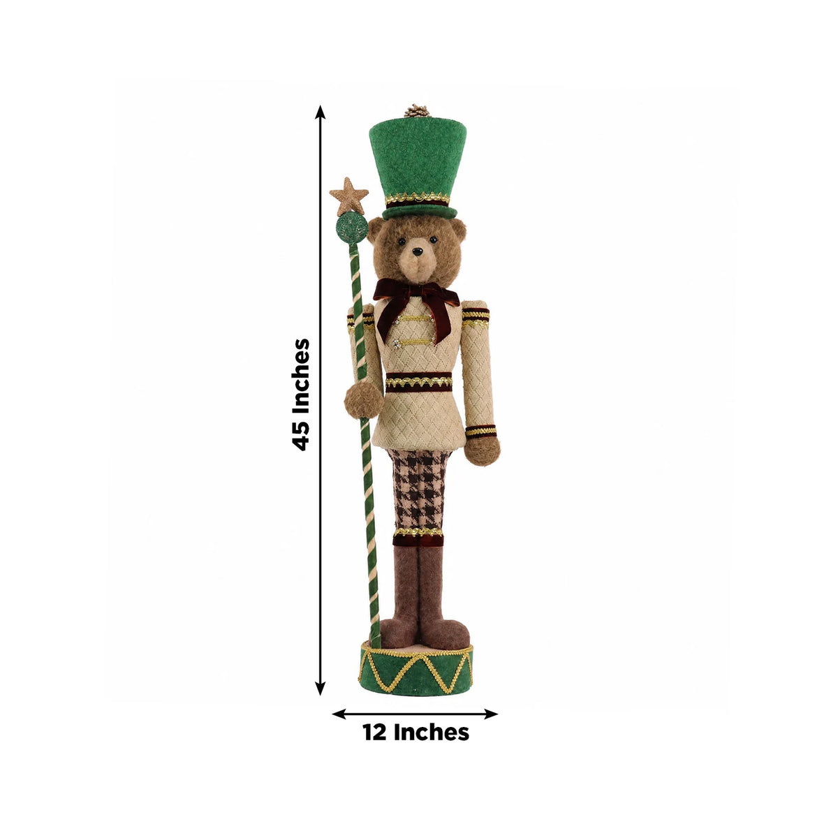 Teddy Bear Nutcracker Soldier Figurine with Green Hat, Staff & Gold Trim - 45" Tall Freestanding Chr