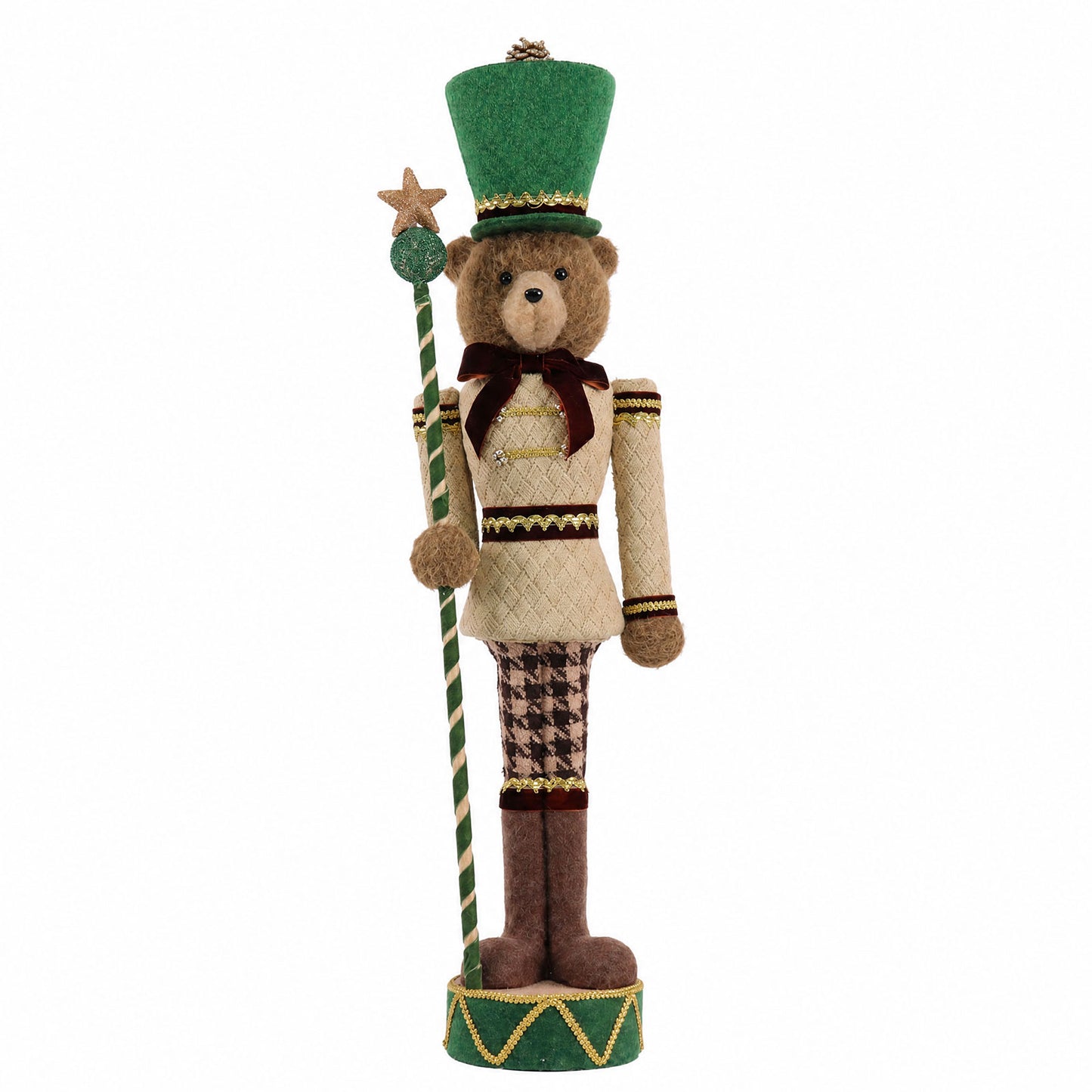 Teddy Bear Nutcracker Soldier Figurine with Green Hat, Staff & Gold Trim - 45" Tall Freestanding Chr