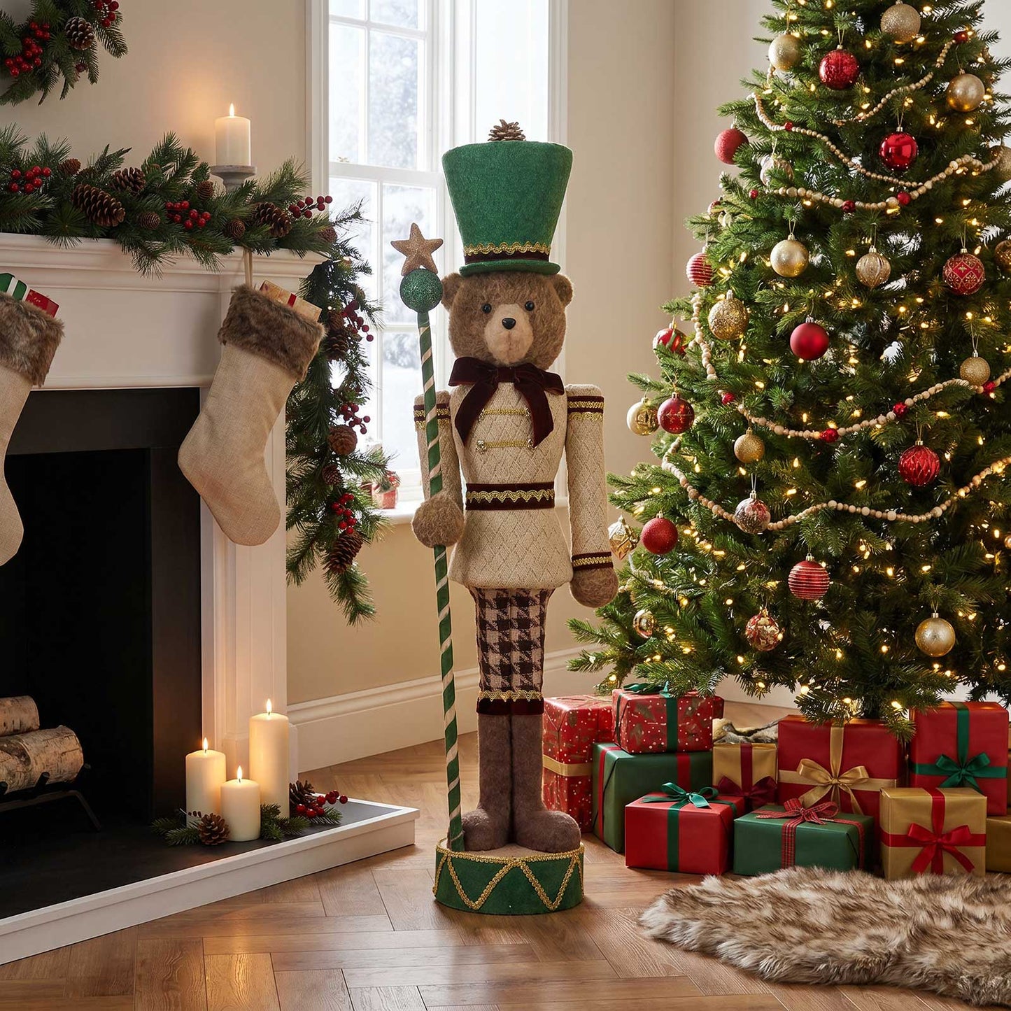 Teddy Bear Nutcracker Soldier Figurine with Green Hat, Staff & Gold Trim - 45" Tall Freestanding Chr