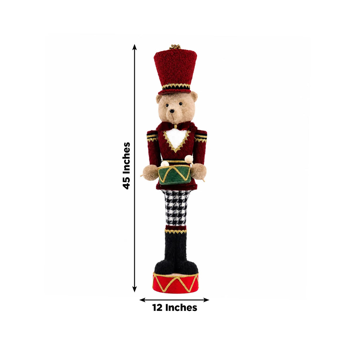 Teddy Bear Nutcracker Soldier Figurine with Red Jacket, Drum & Gold Trim - 45" Tall Freestanding Chr