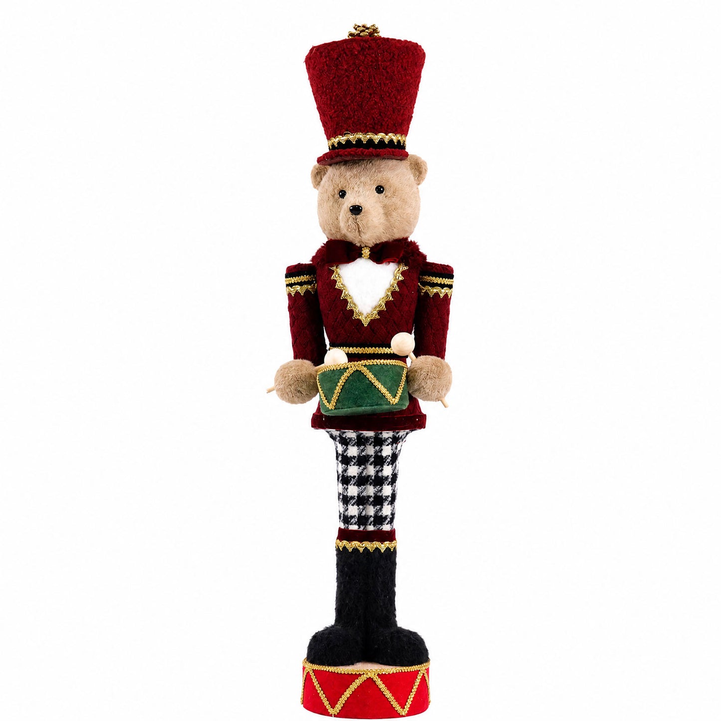 Teddy Bear Nutcracker Soldier Figurine with Red Jacket, Drum & Gold Trim - 45" Tall Freestanding Chr