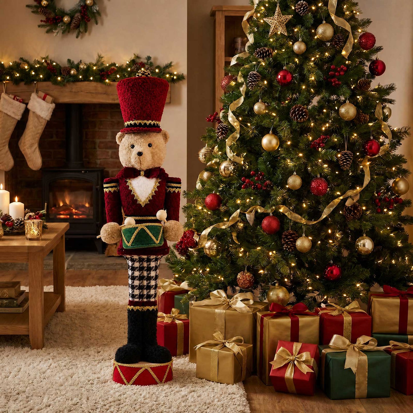 Teddy Bear Nutcracker Soldier Figurine with Red Jacket, Drum & Gold Trim - 45" Tall Freestanding Chr