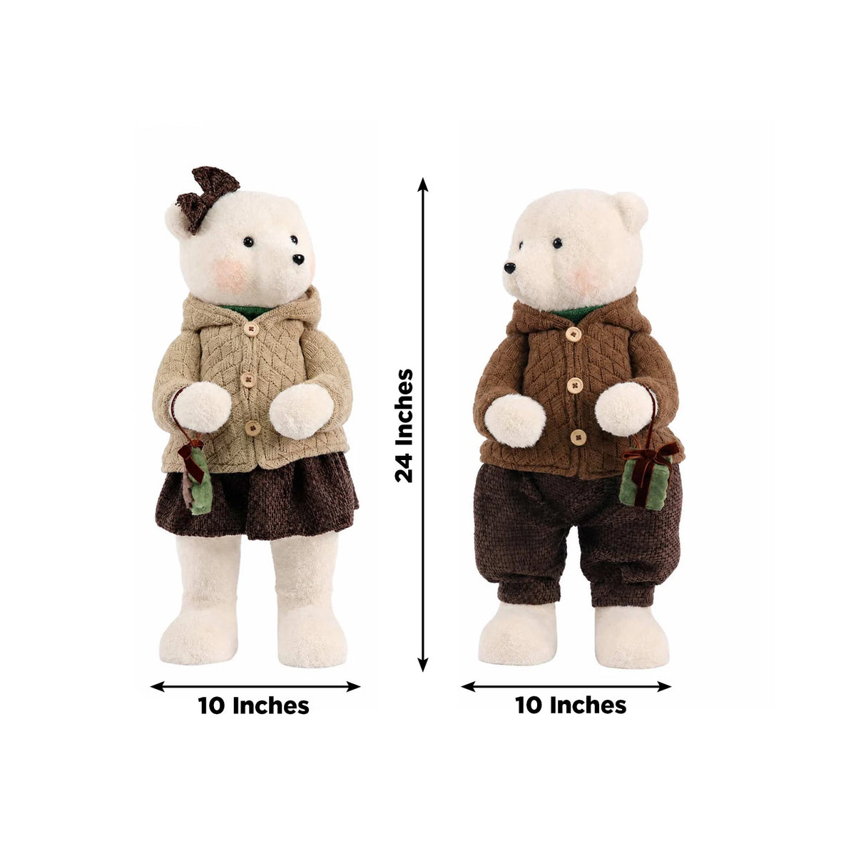 Set of 2 Boy & Girl Plush Teddy Bear Figurines, 24" Tall, Natural Knit Jackets - Freestanding Christ