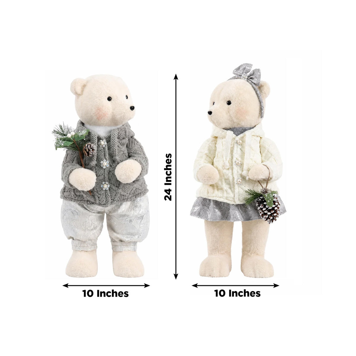 Set of 2 Boy & Girl Plush Teddy Bear Figurines, 24" Tall, White & Silver Knit Jackets - Freestanding