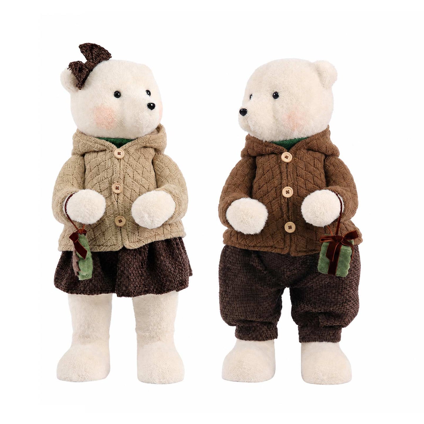 Set of 2 Boy & Girl Plush Teddy Bear Figurines, 24" Tall, Natural Knit Jackets - Freestanding Christ