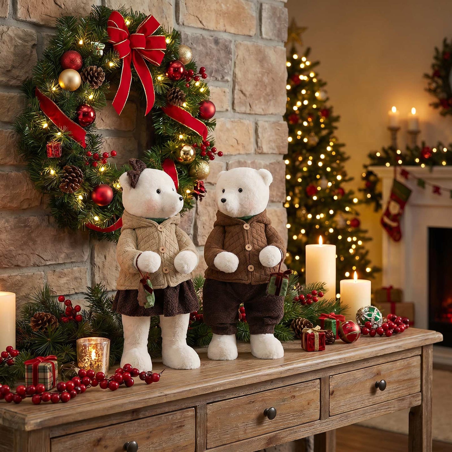 Set of 2 Boy & Girl Plush Teddy Bear Figurines, 24" Tall, Natural Knit Jackets - Freestanding Christ