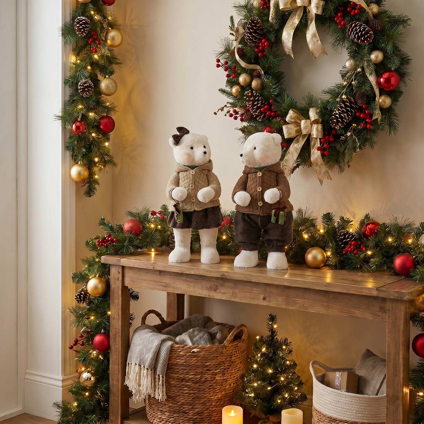 Set of 2 Boy & Girl Plush Teddy Bear Figurines, 24" Tall, Natural Knit Jackets - Freestanding Christ