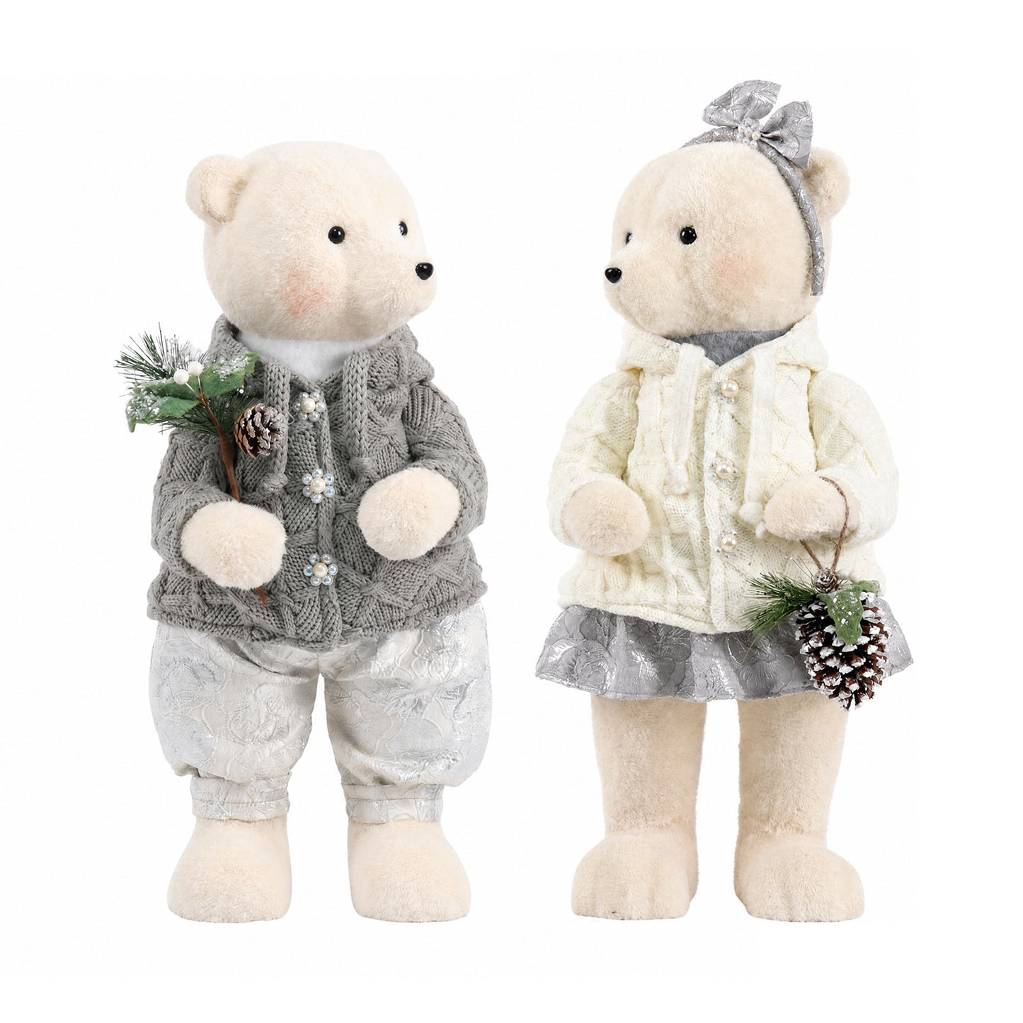 Set of 2 Boy & Girl Plush Teddy Bear Figurines, 24" Tall, White & Silver Knit Jackets - Freestanding