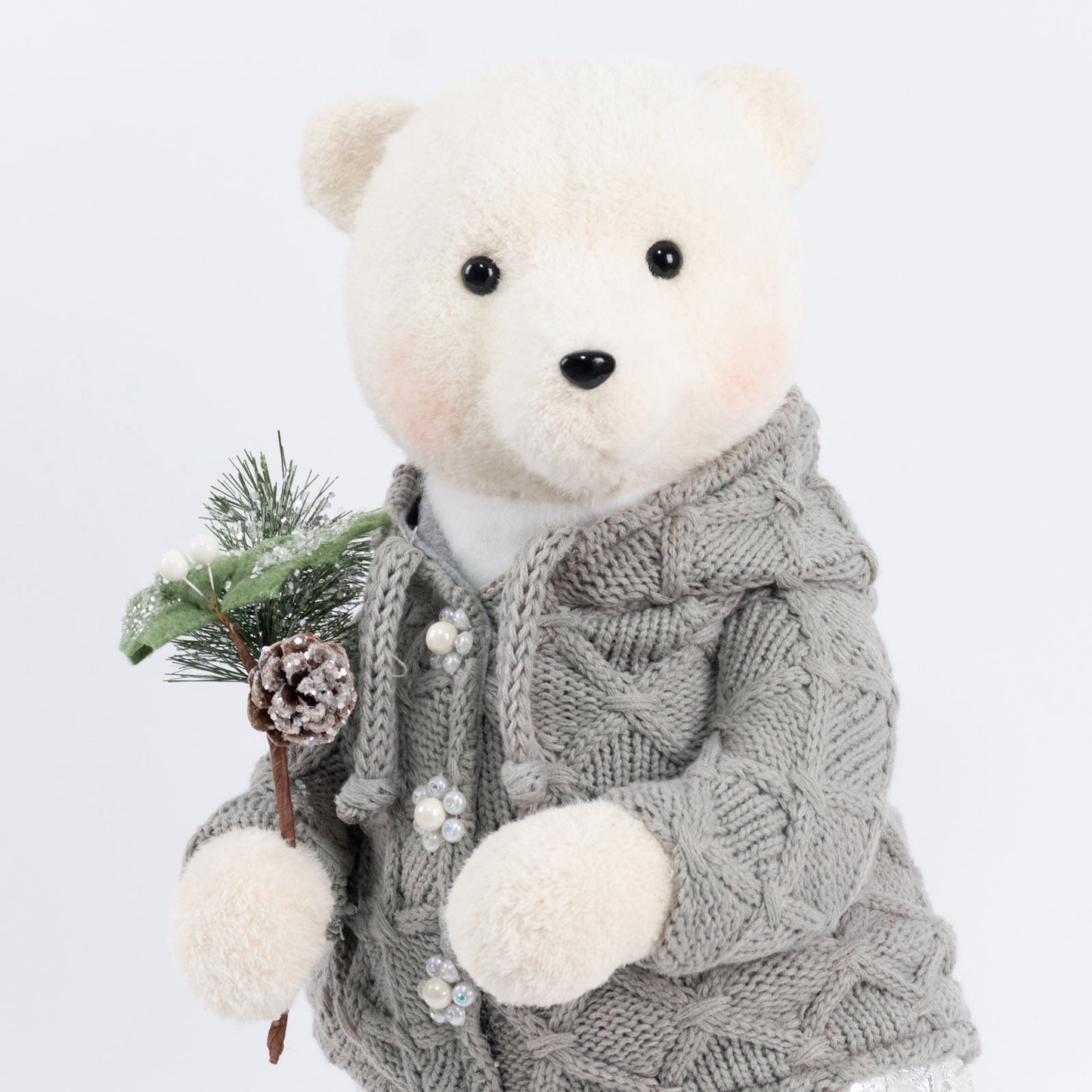 Set of 2 Boy & Girl Plush Teddy Bear Figurines, 24" Tall, White & Silver Knit Jackets - Freestanding