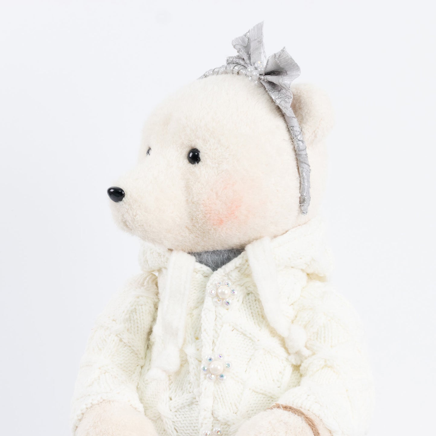 Set of 2 Boy & Girl Plush Teddy Bear Figurines, 24" Tall, White & Silver Knit Jackets - Freestanding