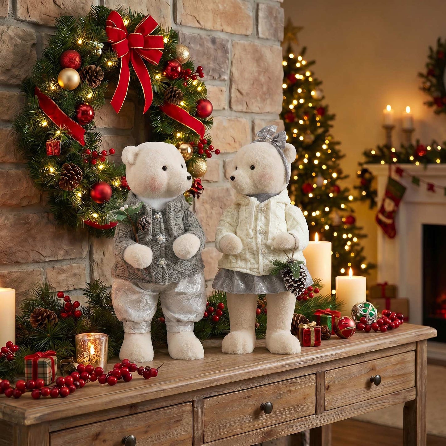 Set of 2 Boy & Girl Plush Teddy Bear Figurines, 24" Tall, White & Silver Knit Jackets - Freestanding