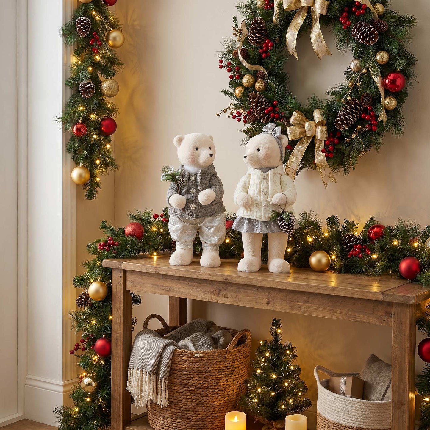 Set of 2 Boy & Girl Plush Teddy Bear Figurines, 24" Tall, White & Silver Knit Jackets - Freestanding