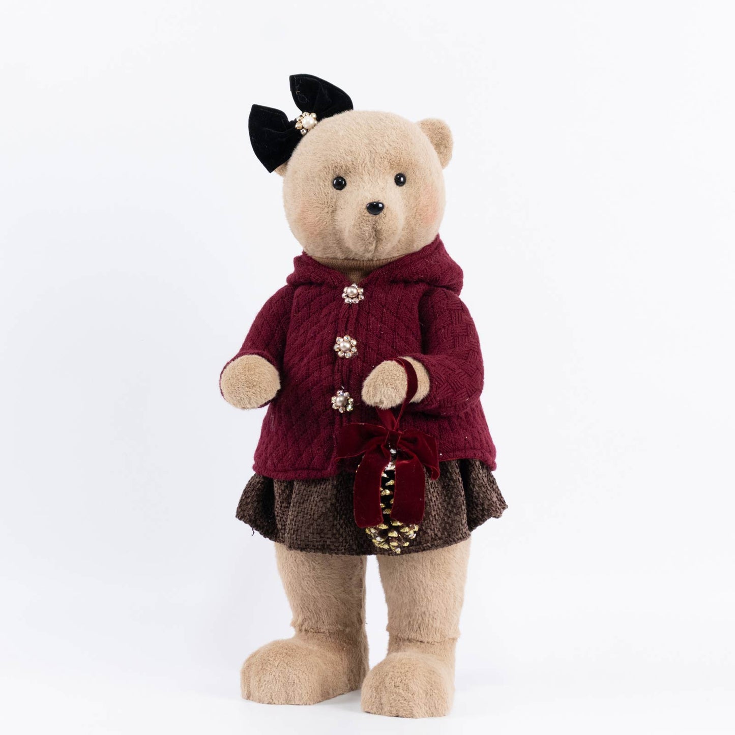 Girl Plush Teddy Bear Christmas Figurine, 28" Tall, Red Knit Jacket & Brown Plaid Skirt - Freestandi
