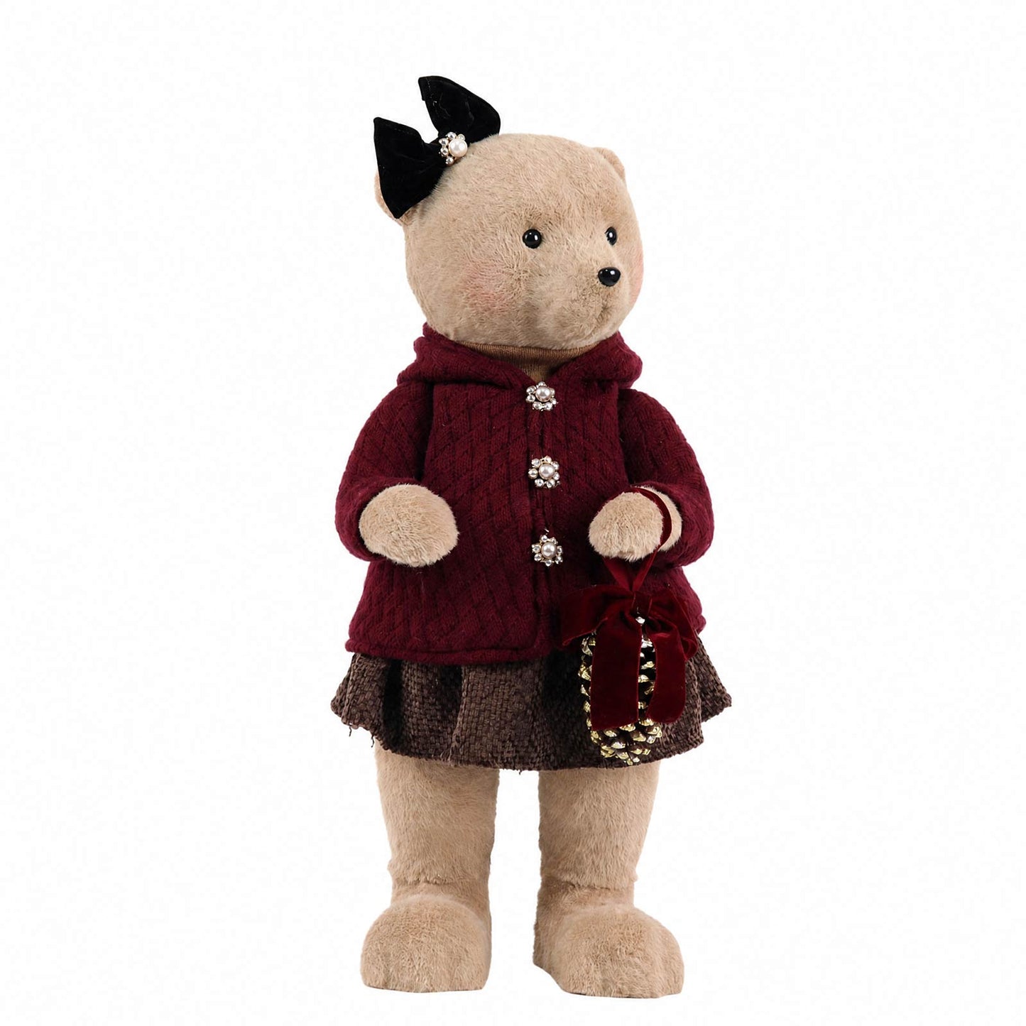 Girl Plush Teddy Bear Christmas Figurine, 28" Tall, Red Knit Jacket & Brown Plaid Skirt - Freestandi