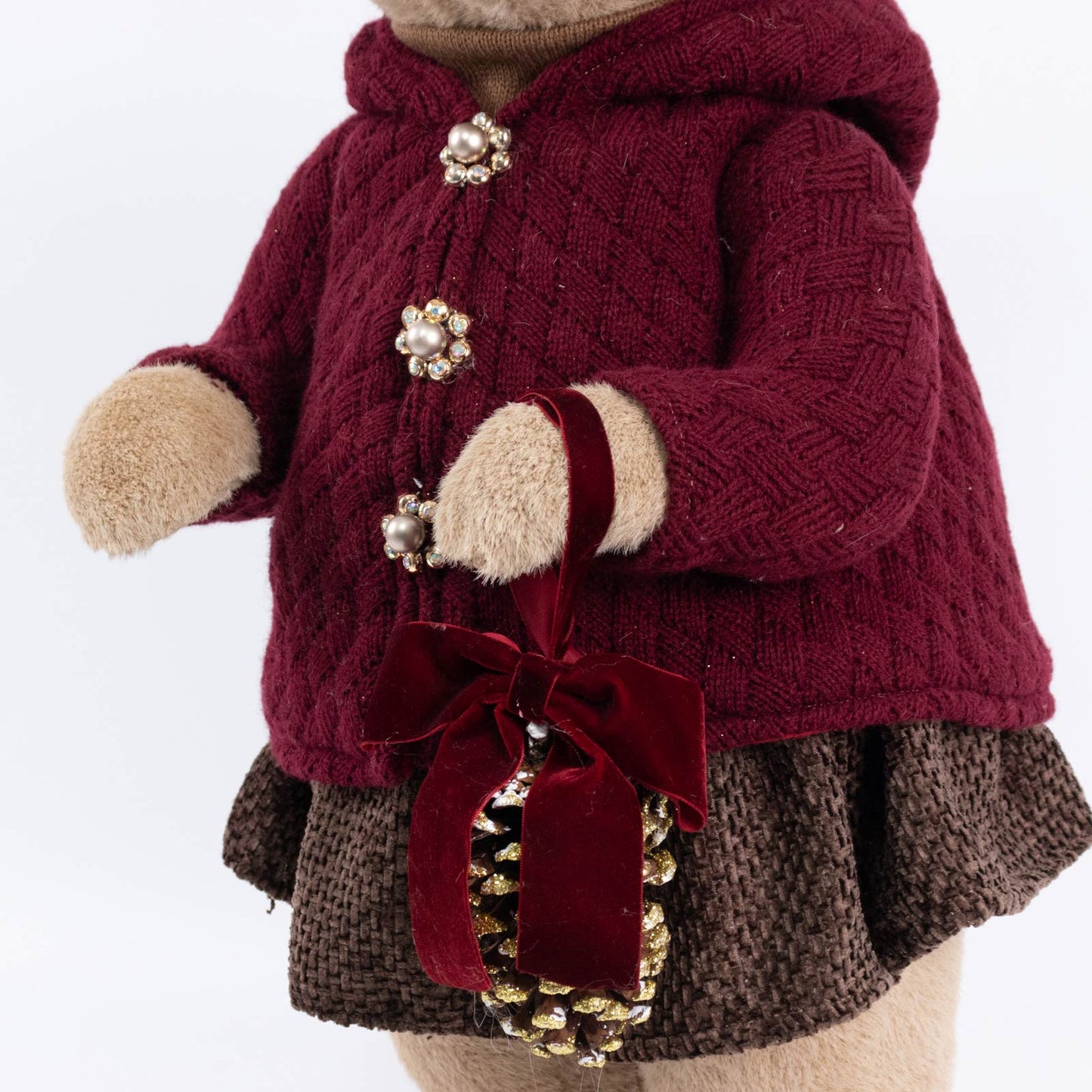 Girl Plush Teddy Bear Christmas Figurine, 28" Tall, Red Knit Jacket & Brown Plaid Skirt - Freestandi