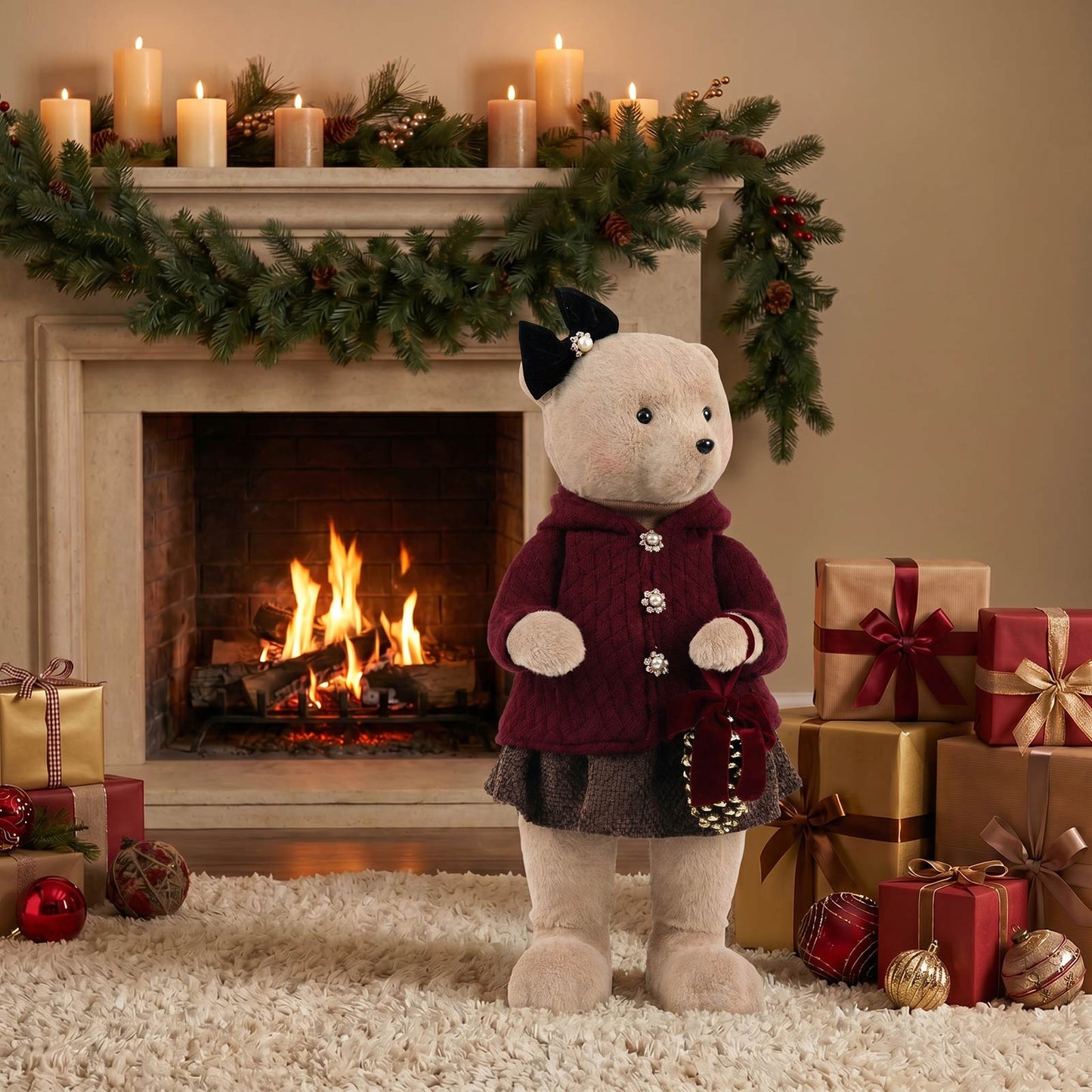 Girl Plush Teddy Bear Christmas Figurine, 28" Tall, Red Knit Jacket & Brown Plaid Skirt - Freestandi