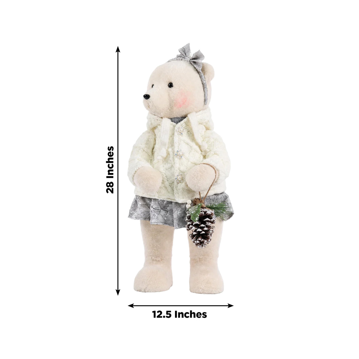 Girl Plush Teddy Bear Christmas Figurine, 28" Tall, White Knit Jacket & Silver Brocade Skirt - Frees